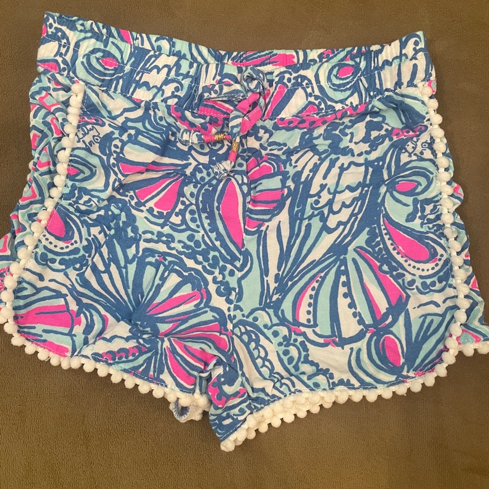 Lilly Pulitzer Blue and Pink Athletic Shorts with Pom-Pom Trim